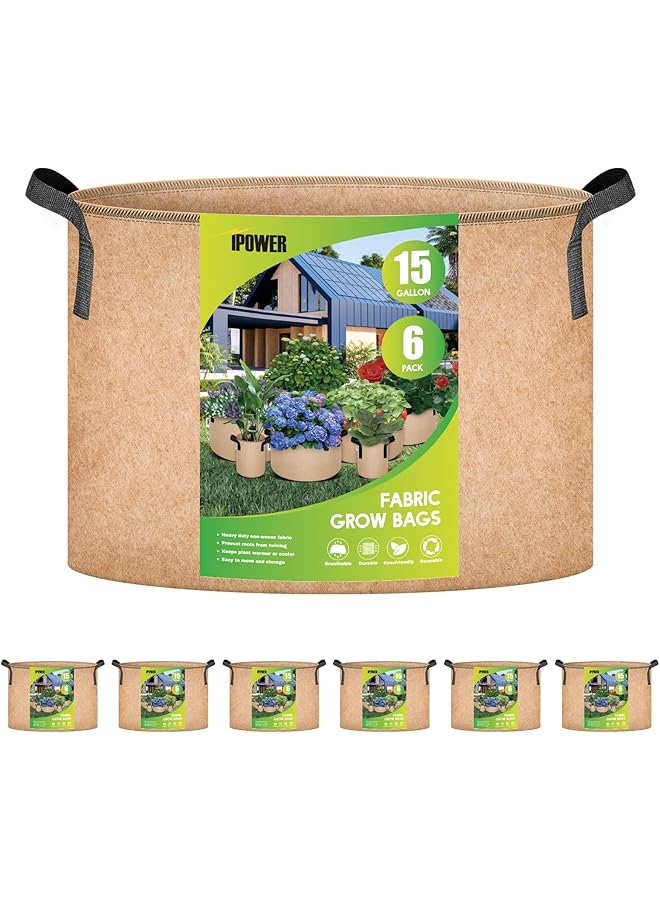 iPower Plant Grow Bag 15 Gallon 6 Pack Heavy Duty Fabric Pots 300G Thick Nonwoven Fabric Containers Aeration With Nylon Handles For Planting Vegetables Fruits Flowers Tan 2024 Version - Image 1