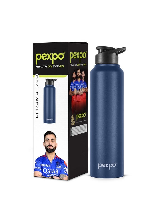 PEXPO Chromo Pro ISI Certified Stainless Steel Sports/Fridge Sipper Water Bottle, 750ml, Denim Blue | Water Bottle for Office, Gym, School, Yoga, Trekking, Men, Women and Kids | RCB Edition - Image 1