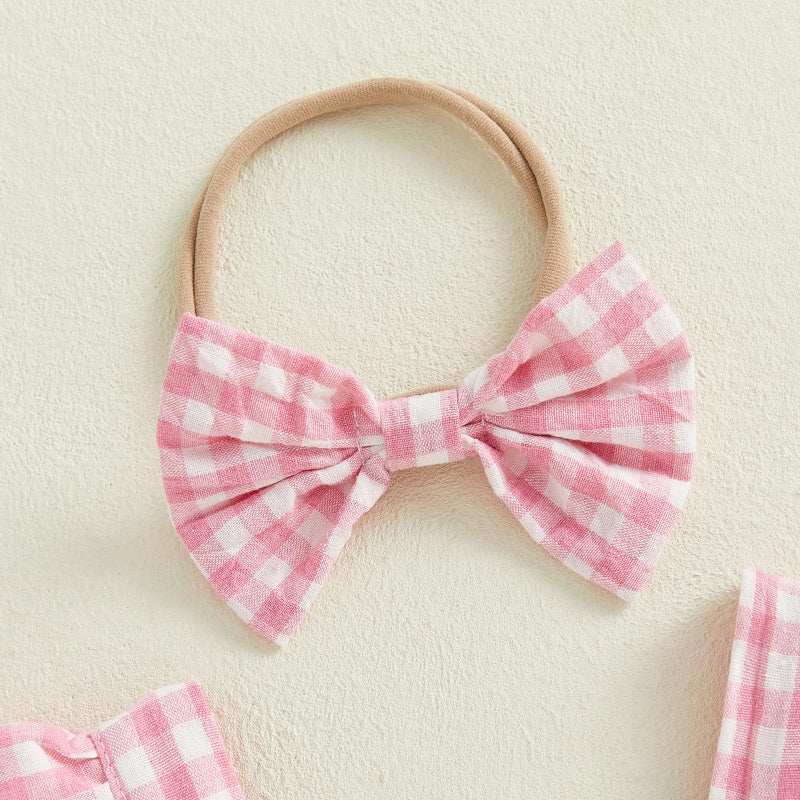 FOMOYUU Newborn Baby Girl Romper Summer Sleeveless Checkered Smocked Cotton Linen Clothes Outfit Jumpsuit with Bow Headband (Pink, 3-6 Months) - Image 4