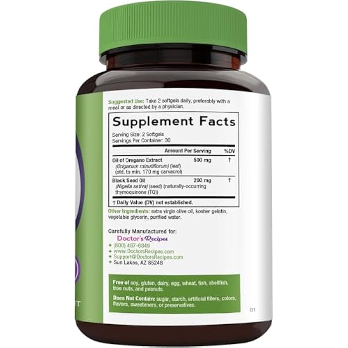 Doctor's Recipes Oil of Oregano with Black Seed Oil, 500 mg Oregano Oil Extract, Non-GMO, All Natural Herbal Supplement, Antioxidant & Immune Support, 60 Softgels - Image 2