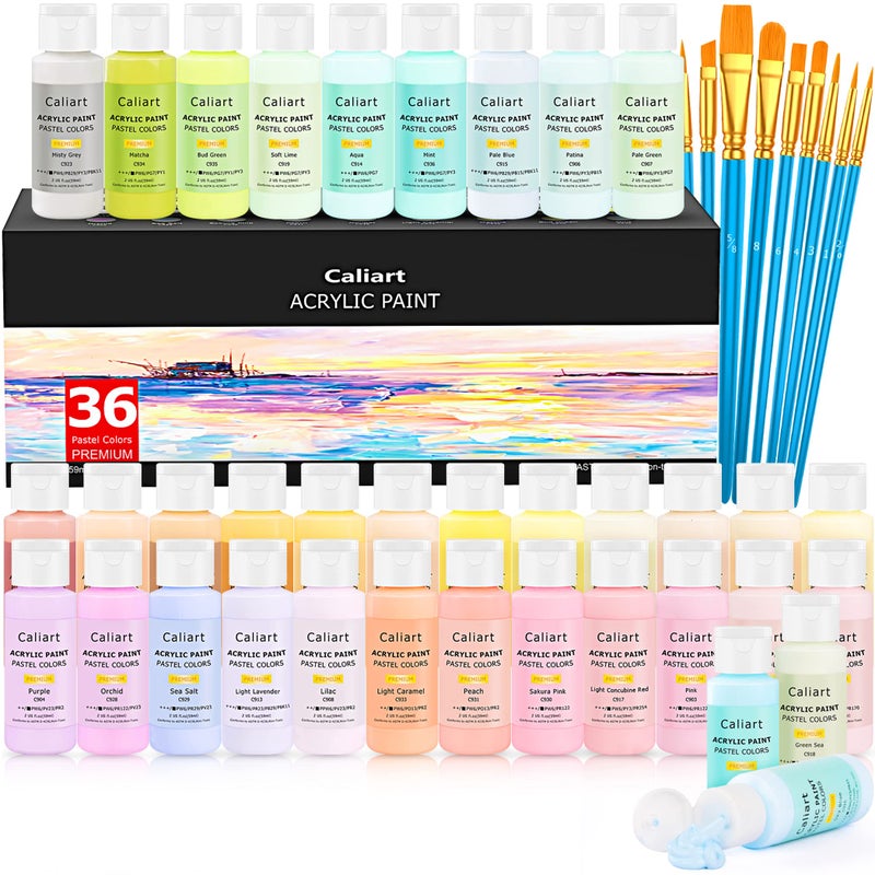 Caliart Acrylic Paint Set with 12 Brushes 36 Pastel Colors 59ml 2oz Art Craft Paint for Artists Students Kids Beginners  Hobby Painters Canvas Ceramic Wood Rock Painting Supplies Kit