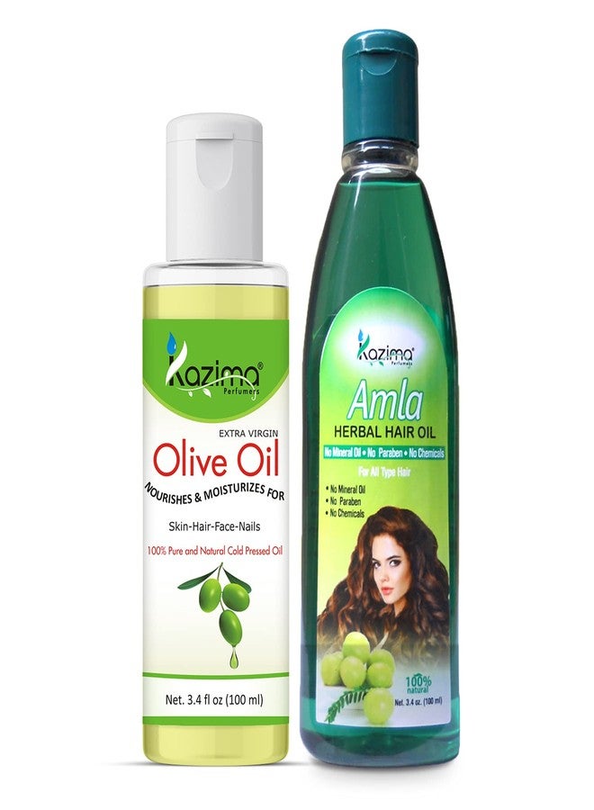 KAZIMA Combo of Olive Oil and Amla Herbal Hair Oil - 100% Pure & Natural Oil for Hair and Skin, 100 ml each - Image 1