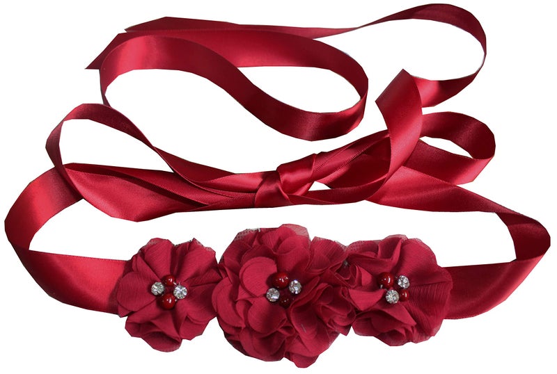 NANIA Bridesmaid and Flowergirls sashes wedding sash pearls flowers belts (Burgundy) 95 inches - Image 1