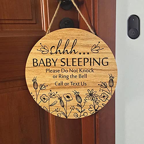 BATTOO Shhh... Baby Sleeping Hanging Sign Plaque, Do Not Knock Or Ring The Bell, Round Rustic Wooden Door Hanger for Baby Room, Nursery, Kindergarten, Bedroom, Door Knob Door Bell Decor - Image 5