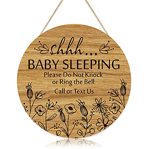 BATTOO Shhh... Baby Sleeping Hanging Sign Plaque, Do Not Knock Or Ring The Bell, Round Rustic Wooden Door Hanger for Baby Room, Nursery, Kindergarten, Bedroom, Door Knob Door Bell Decor - Image 1