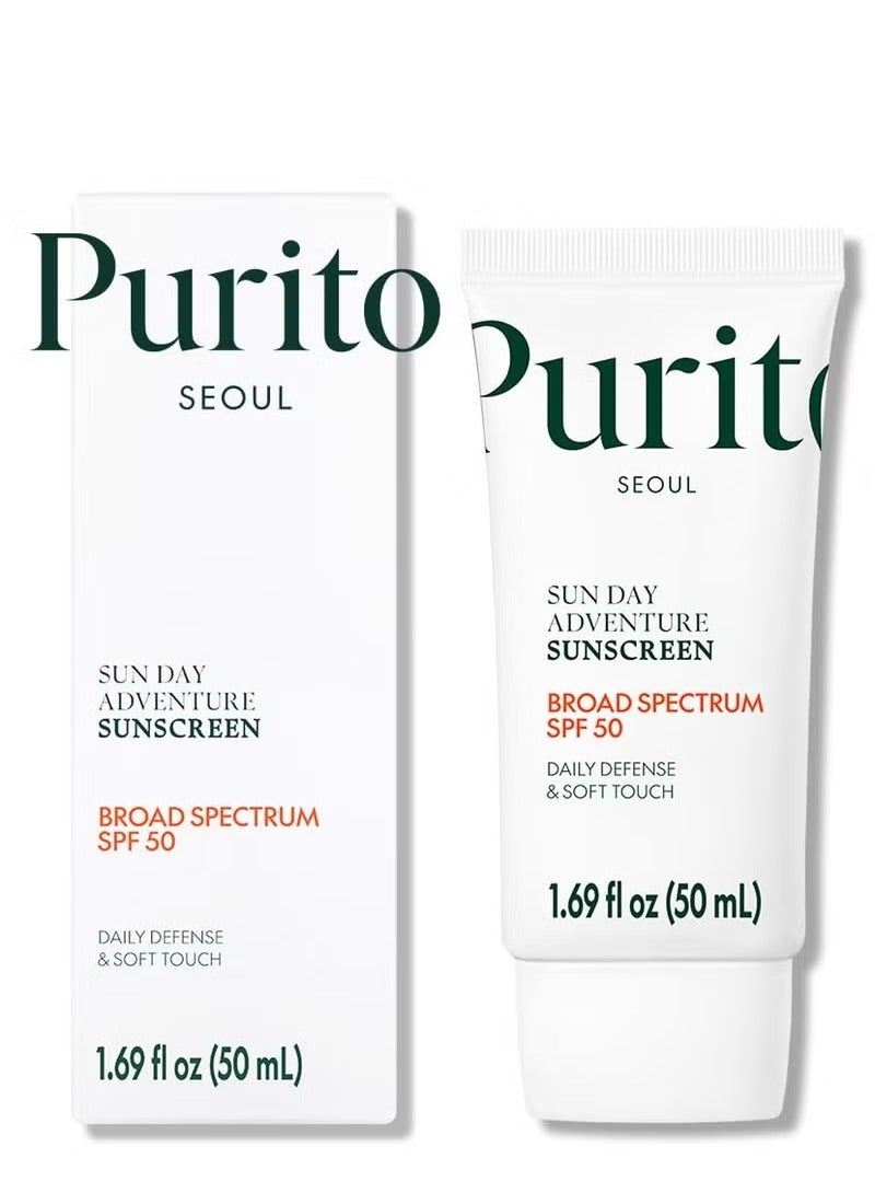 بوريتو Sun Day Adventure واقي الشمس الكوري الناعم والأخفف نسيج الطيف الواسع SPF 50 UVA وحماية UVB لا زيت صب أبيض مجاني لجميع أنواع البشرة نباتي العناية اليومية بالبشرة 50 مل، 1.69 أوقية فلورية - Image 1