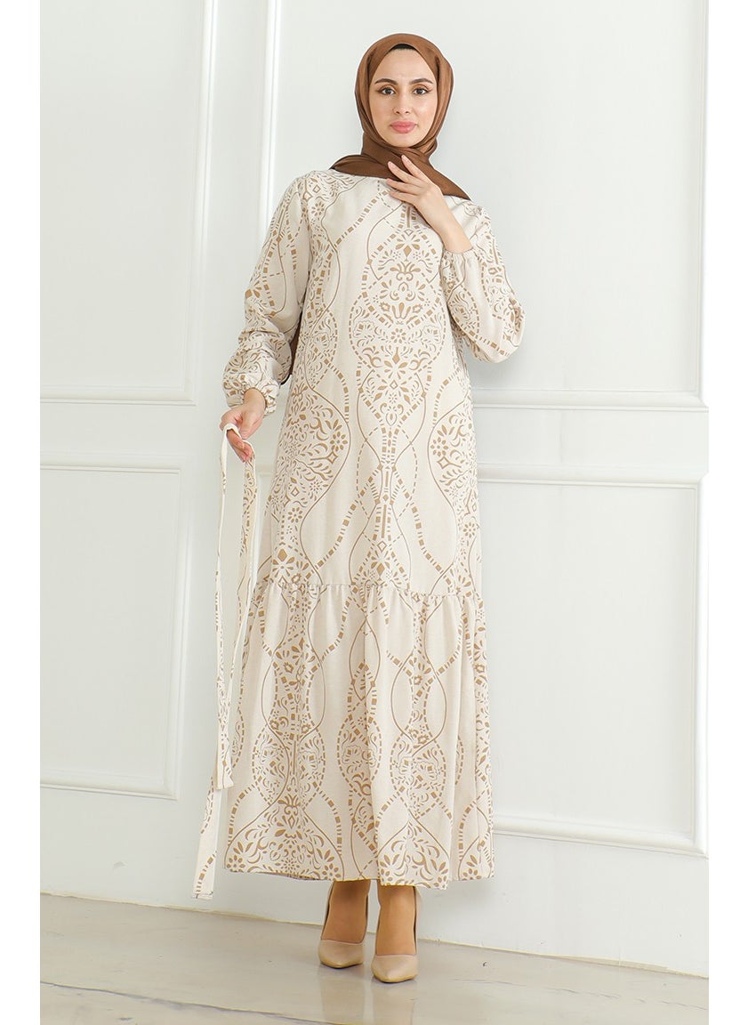 Sefa Merve - Patterned Belted Linen Dress 0471E-02 Beige Milky Coffee - Image 1
