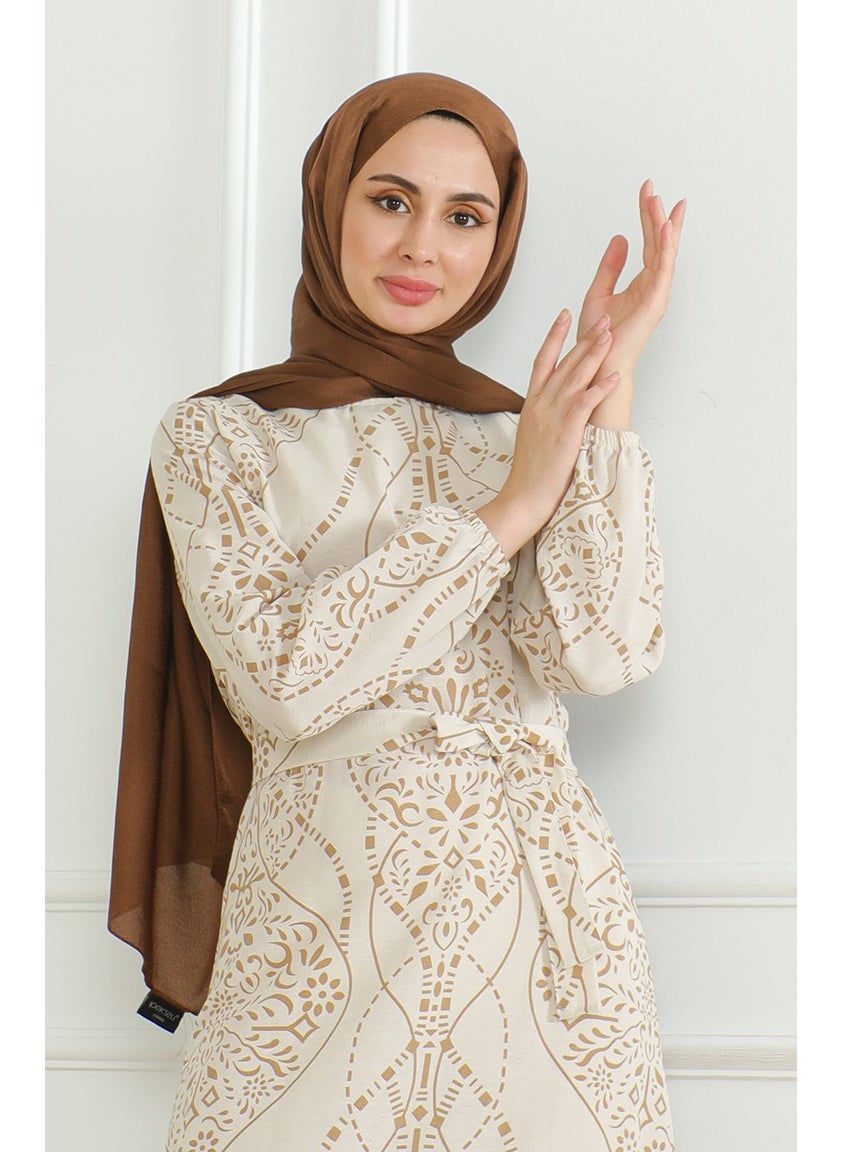 Sefa Merve - Patterned Belted Linen Dress 0471E-02 Beige Milky Coffee - Image 1