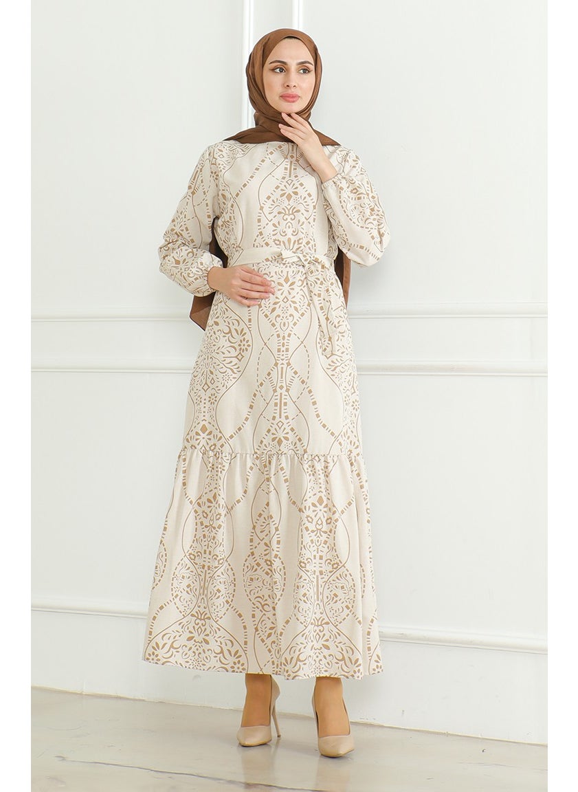 Sefa Merve - Patterned Belted Linen Dress 0471E-02 Beige Milky Coffee - Image 1