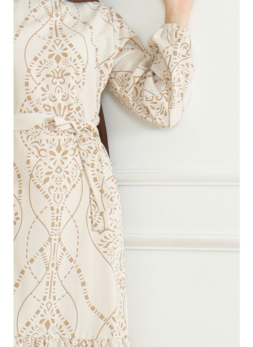 Sefa Merve - Patterned Belted Linen Dress 0471E-02 Beige Milky Coffee - Image 1
