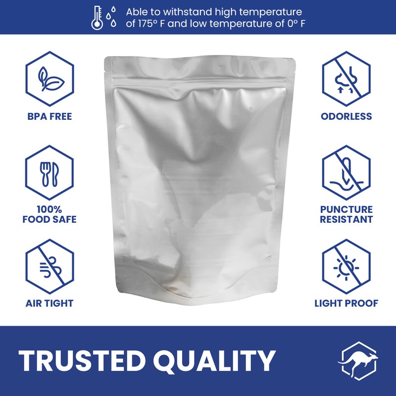 Wallaby 50 Count 2-Quart Gusset Mylar Bags with Labels, 14 Mil Total Thickness Long-Term Food Storage Pouches, 15x12 Stand-Up Zipper Heat-Sealable Airtight Packaging - Silver - Image 5