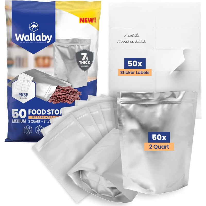 Wallaby 50 Count 2-Quart Gusset Mylar Bags with Labels, 14 Mil Total Thickness Long-Term Food Storage Pouches, 15x12 Stand-Up Zipper Heat-Sealable Airtight Packaging - Silver - Image 1