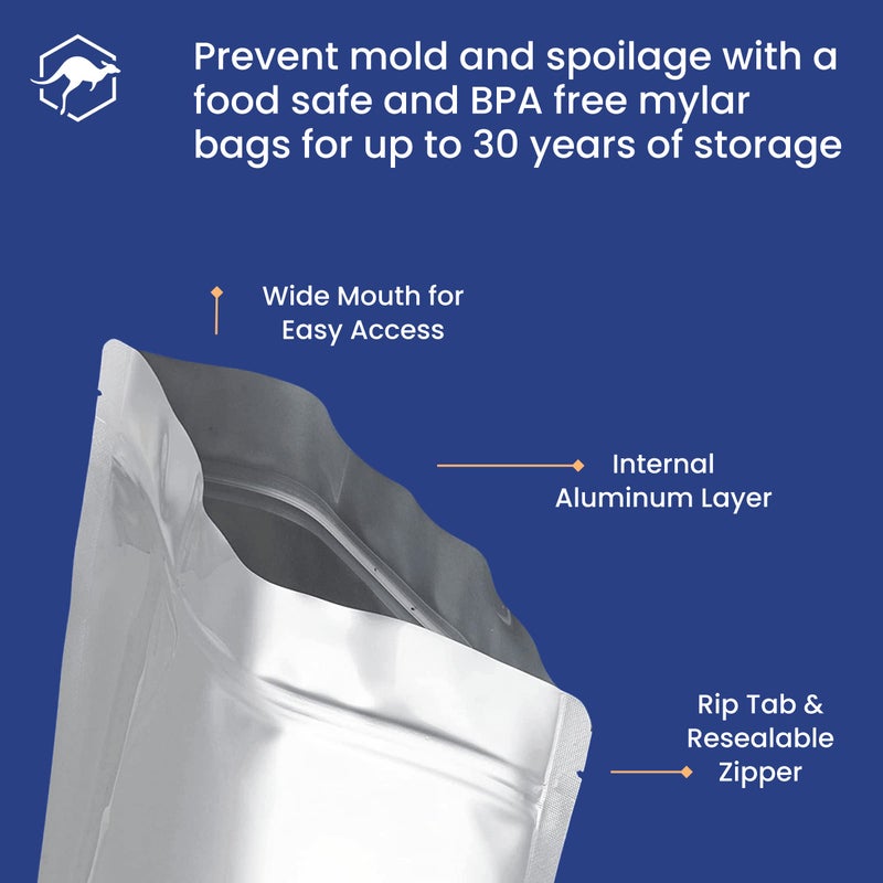 Wallaby 50 Count 2-Quart Gusset Mylar Bags with Labels, 14 Mil Total Thickness Long-Term Food Storage Pouches, 15x12 Stand-Up Zipper Heat-Sealable Airtight Packaging - Silver - Image 4