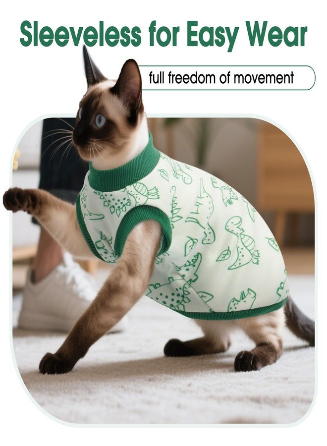 DENTRUN Sleeveless Cat Vest with Dinosaur Print, Breathable Ultra-Soft Dralon Fleece Cat Sweater, All-Season Pet Costume Apparel for Cats, Kitten Clothing for Indoor/Outdoor, Green, S - Image 2