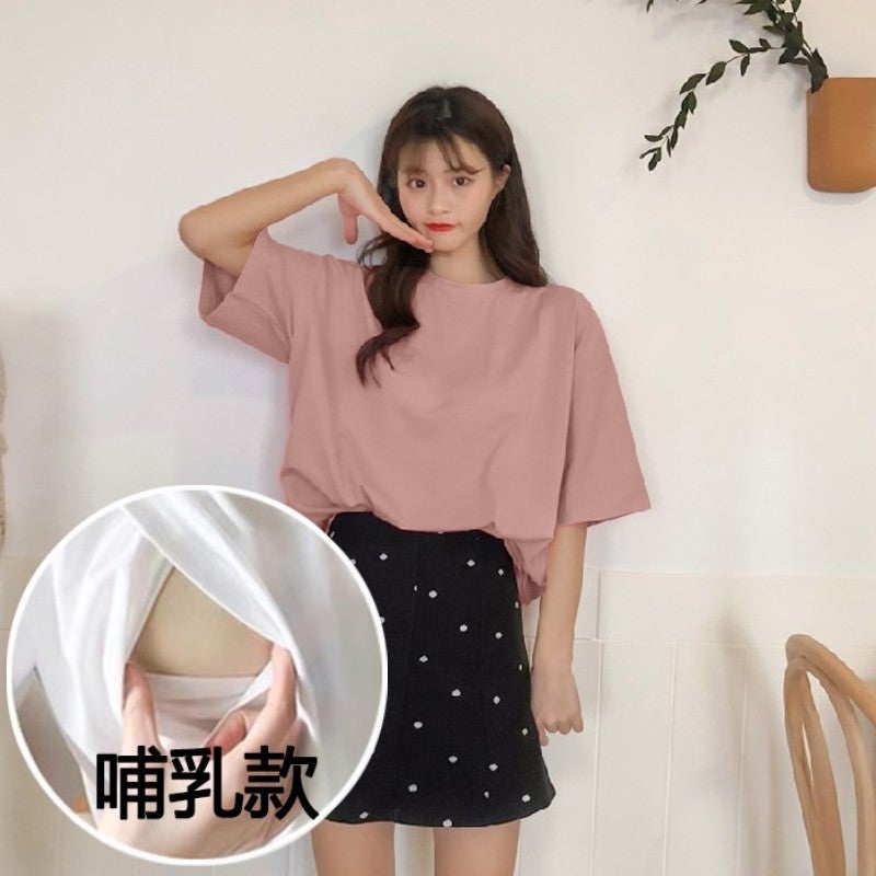 Maternitys Breastfeeding T-shirt Summer Short-sleeved Mid-length 2023 New Loose Large Size Breastfeeding Dress Lotus root starch 
