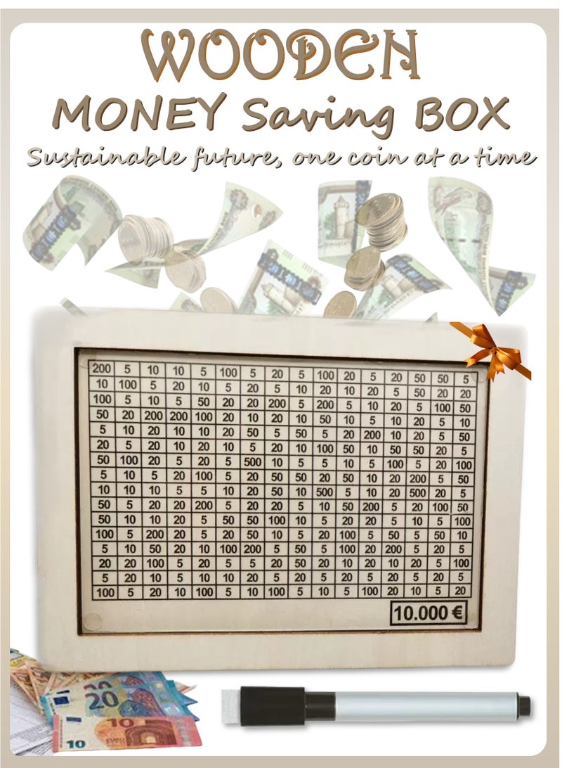 YooA Wooden Money Saving Box with White Wood|Reusable Money Box with Erasable Marker and Counter,Currency/Cash/Coin Saver, Piggy Bank, White Wooden Material Sturdy No Damage Reusable Smooth No Burrs Tool Saving, Money Donation Container, Target Best Holidays, Birthdays, Other Events Gift for Friends, Adults, Kids(10000 Dirhams/Dollars)  - Image 1