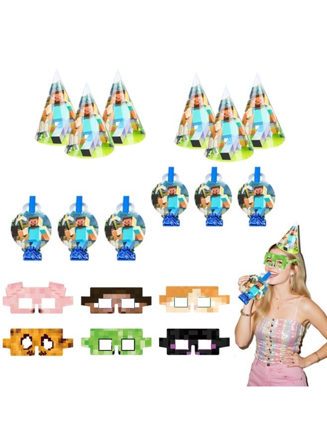 ILovhaprty Minecraft Party Favors Set for Kids – 18 PCS Party Hats, Blowouts & Pixel Paper Glasses, Minecraft-Themed Birthday Party Supplies for Pixel Party Decorations - Image 1
