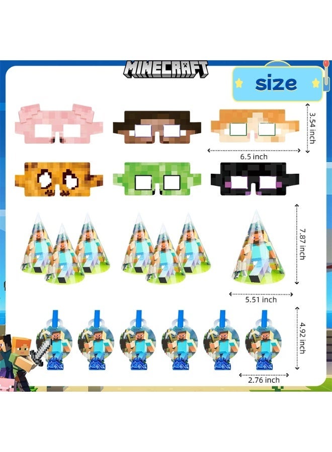 ILovhaprty Minecraft Party Favors Set for Kids – 18 PCS Party Hats, Blowouts & Pixel Paper Glasses, Minecraft-Themed Birthday Party Supplies for Pixel Party Decorations - Image 2