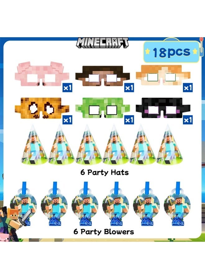 ILovhaprty Minecraft Party Favors Set for Kids – 18 PCS Party Hats, Blowouts & Pixel Paper Glasses, Minecraft-Themed Birthday Party Supplies for Pixel Party Decorations - Image 3