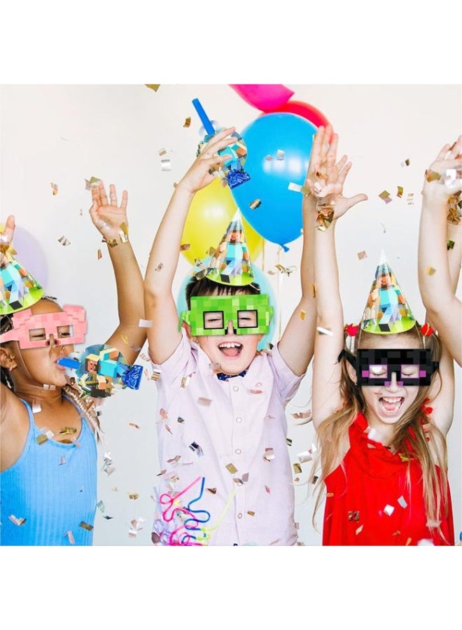 ILovhaprty Minecraft Party Favors Set for Kids – 18 PCS Party Hats, Blowouts & Pixel Paper Glasses, Minecraft-Themed Birthday Party Supplies for Pixel Party Decorations - Image 4