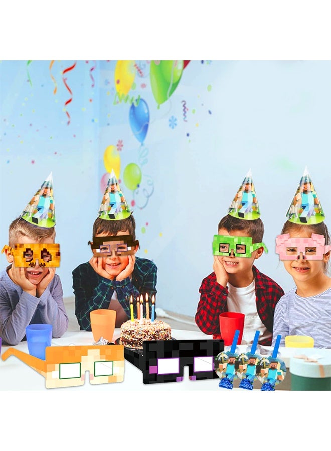 ILovhaprty Minecraft Party Favors Set for Kids – 18 PCS Party Hats, Blowouts & Pixel Paper Glasses, Minecraft-Themed Birthday Party Supplies for Pixel Party Decorations - Image 5