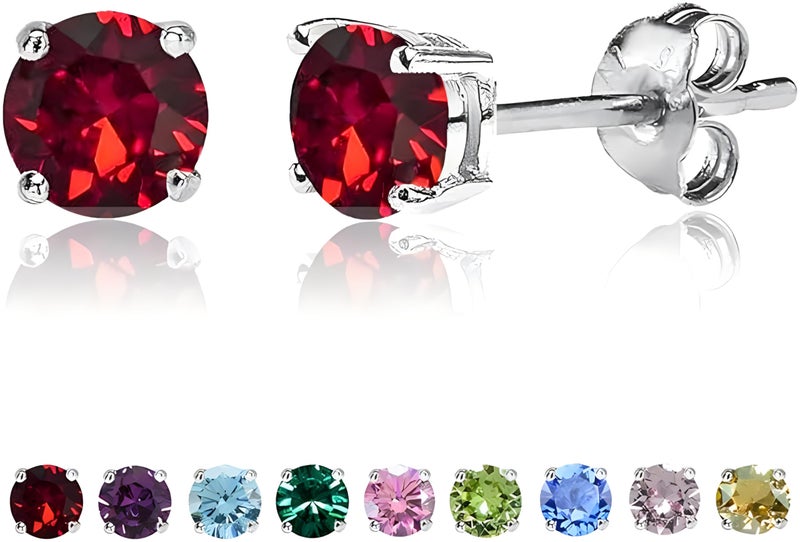 Hypoallergenic Earrings Stud Sterling Silver 6mm Cubic Zirconia CZ Stud Earrings Small Round Simulated Diamond Studs Set for Womens Mens (red)