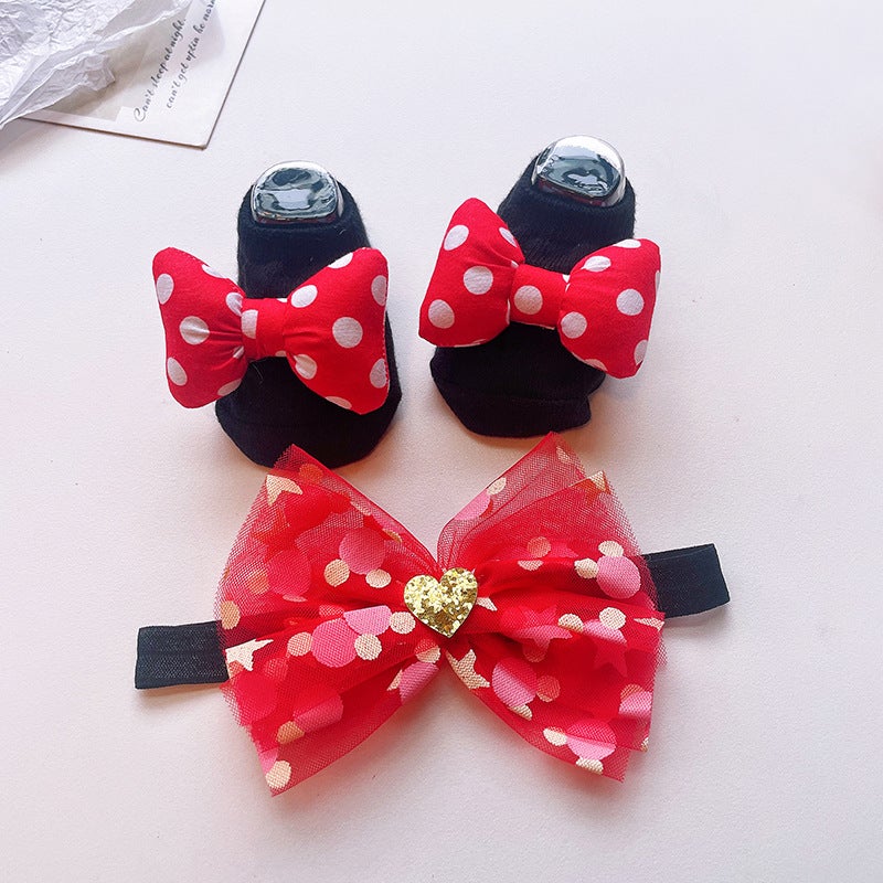 Generic Cute Newborn Socks and Headband Set Cartoon Korean Style Baby Accessories Red Mickey Knot Combination 
