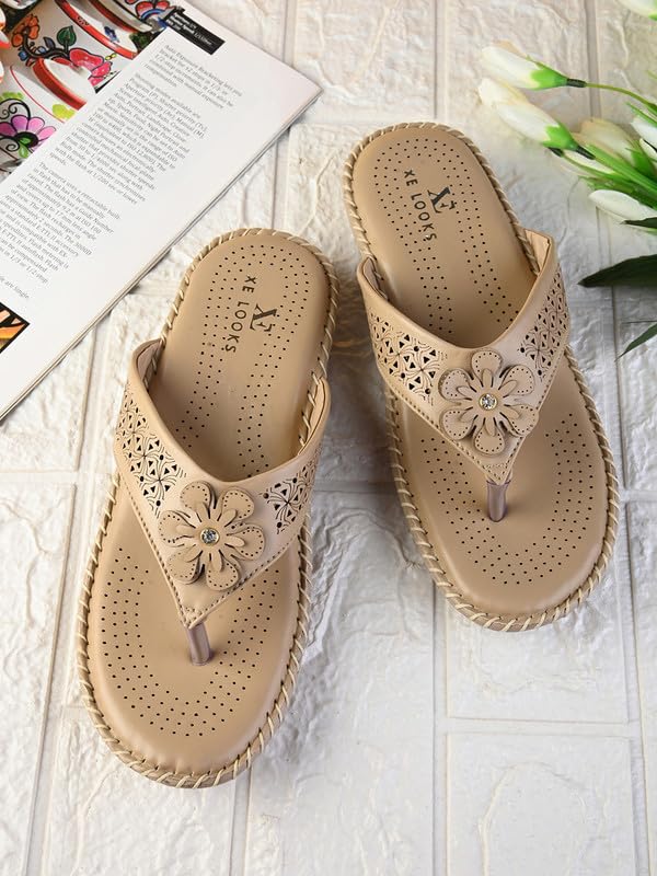 XE Looks Women's Beige Doctor Slippers | Orthopedic Design with Soft Cushioned Footbed | Stylish Floral Cut-Out Upper | Lightweight & Durable Slippers For Girls & Women - Image 2