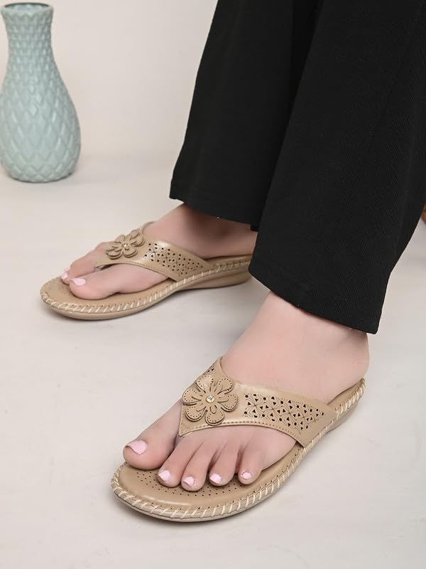 XE Looks Women's Beige Doctor Slippers | Orthopedic Design with Soft Cushioned Footbed | Stylish Floral Cut-Out Upper | Lightweight & Durable Slippers For Girls & Women - Image 4