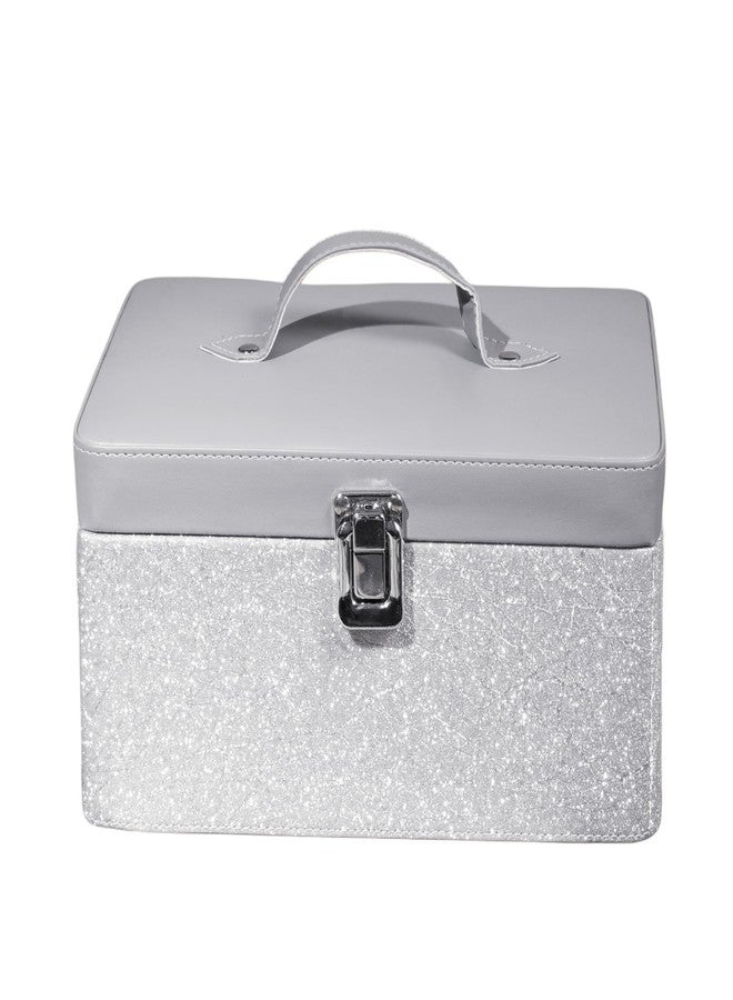 Hard Craft Large Capacity Cosmetic Bags for Womens Girls Bride Multi Functional Beauty Case Wedding Makeup Jewelery Bridal Box Leather Storage Organizer Bag for Home Travel with Mirro Handle (Silver) - Image 1