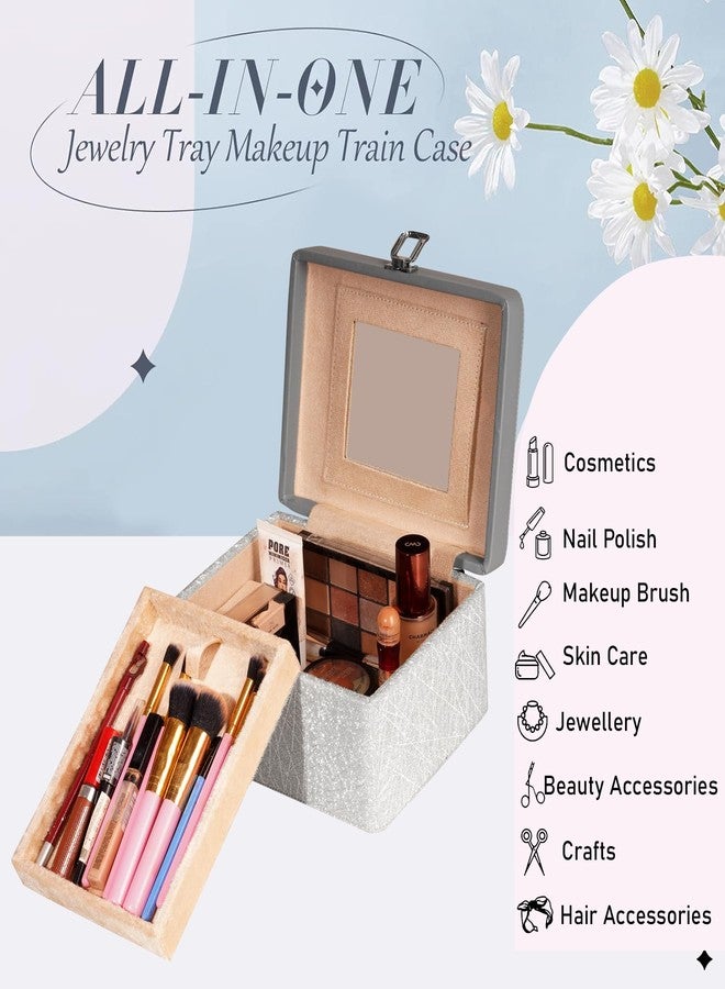 Hard Craft Large Capacity Cosmetic Bags for Womens Girls Bride Multi Functional Beauty Case Wedding Makeup Jewelery Bridal Box Leather Storage Organizer Bag for Home Travel with Mirro Handle (Silver) - Image 2