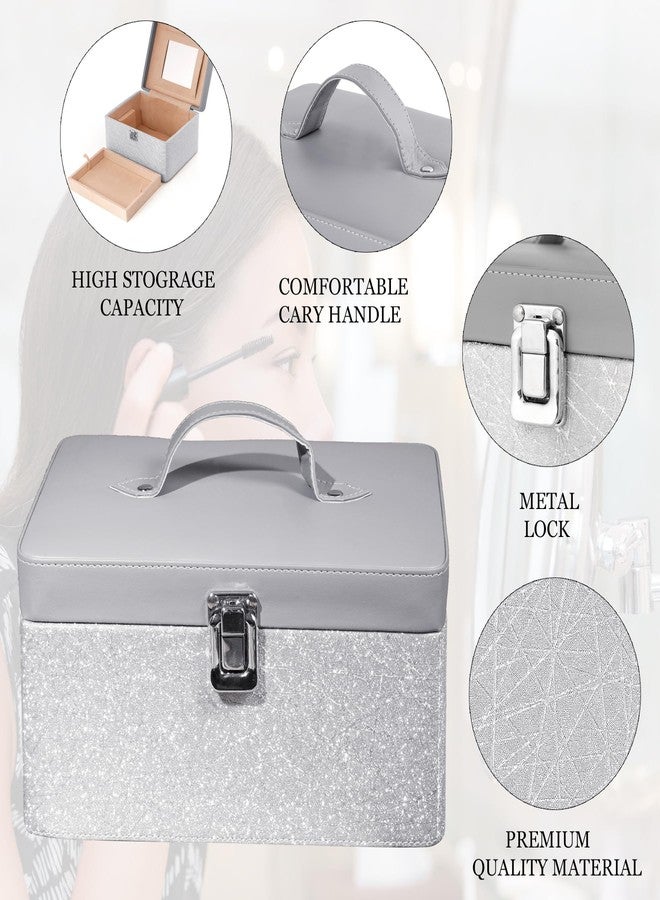 Hard Craft Large Capacity Cosmetic Bags for Womens Girls Bride Multi Functional Beauty Case Wedding Makeup Jewelery Bridal Box Leather Storage Organizer Bag for Home Travel with Mirro Handle (Silver) - Image 3