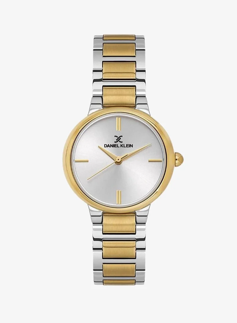Daniel Klein Women's Stainless Steel Silver and Gold Alloy Case Analog Silver Round Sunray Dial Japanese Quartz Premium 30 Meters Water Resistant