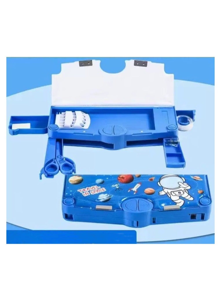 إسكدنيا علبة أقلام رصاص متعددة الوظائف بغطاء تشغيل مغناطيسي بغطاء مغناطيسي بأزرار أوتوماتيكية مع مقلمة بأزرار مع جزأين للطلاب علبة أقلام رصاص للأطفال مجموعة أدوات مكتبية بنمط كرتوني مع مقص منبثق ومبراة أقلا - Image 1