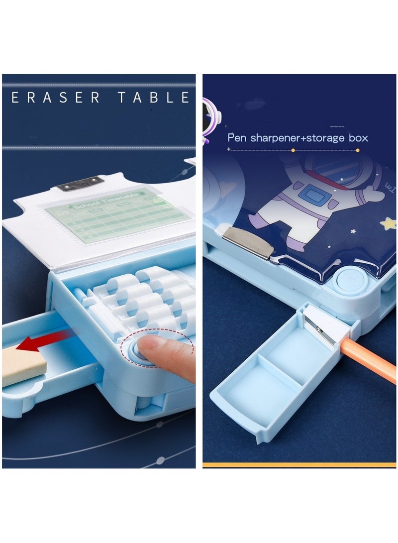 إسكدنيا علبة أقلام رصاص متعددة الوظائف بغطاء تشغيل مغناطيسي بغطاء مغناطيسي بأزرار أوتوماتيكية مع مقلمة بأزرار مع جزأين للطلاب علبة أقلام رصاص للأطفال مجموعة أدوات مكتبية بنمط كرتوني مع مقص منبثق ومبراة أقلا - Image 3