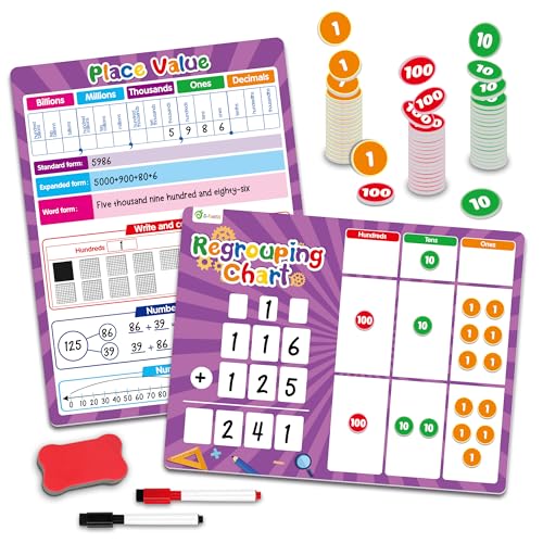 D-FantiX Regrouping Base Ten Place Value Addition and Subtraction Math Manipulatives for 1st 2nd 3rd Grade Double Sided Magnetic Dry Erase Board for Kids Classroom Must Haves Homeschool Supplies - Image 1