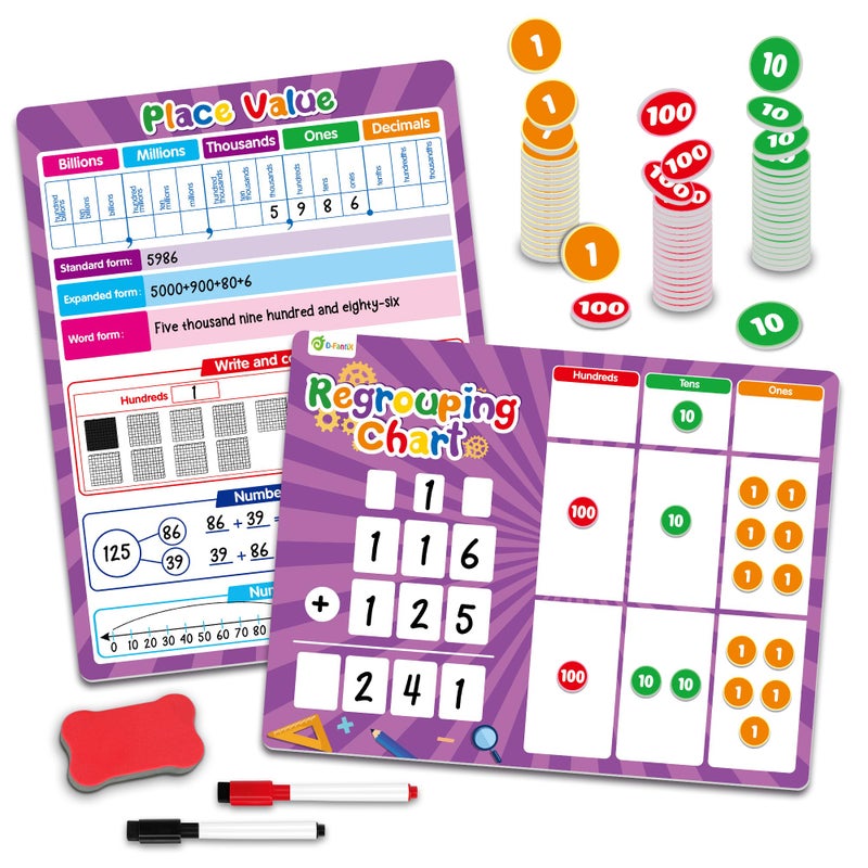 D-FantiX Regrouping Base Ten Place Value Addition and Subtraction Math Manipulatives for 1st 2nd 3rd Grade Double Sided Magnetic Dry Erase Board for Kids Classroom Must Haves Homeschool Supplies - Image 2