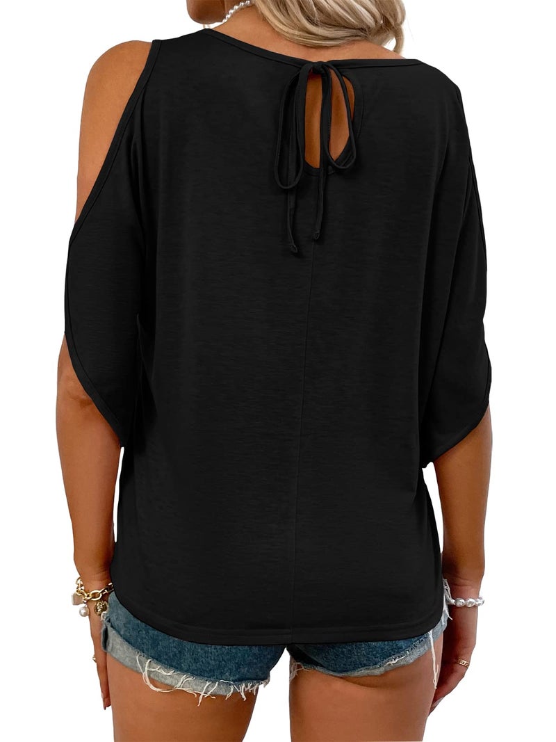 Aoysky Women Cold Shoulder Tops Summer Short Sleeve Shirt Scoop Neck Tee Casual Loose Fitting Solid Color Tunic Top Black - Image 2