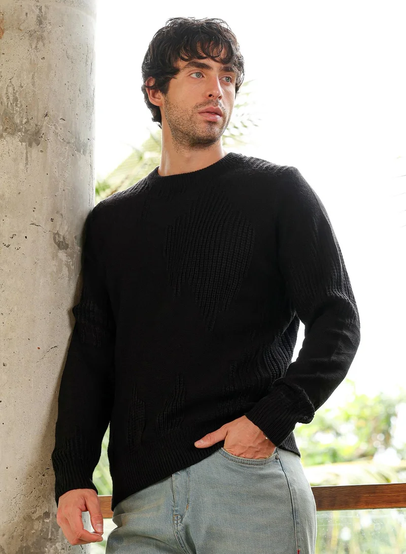 Campus Sutra Men Drip-Jacquard Pullover Sweater | ,   |  ,  Hem |  Jacquard | Knitted Fabric For  Wear | Obsidian Black