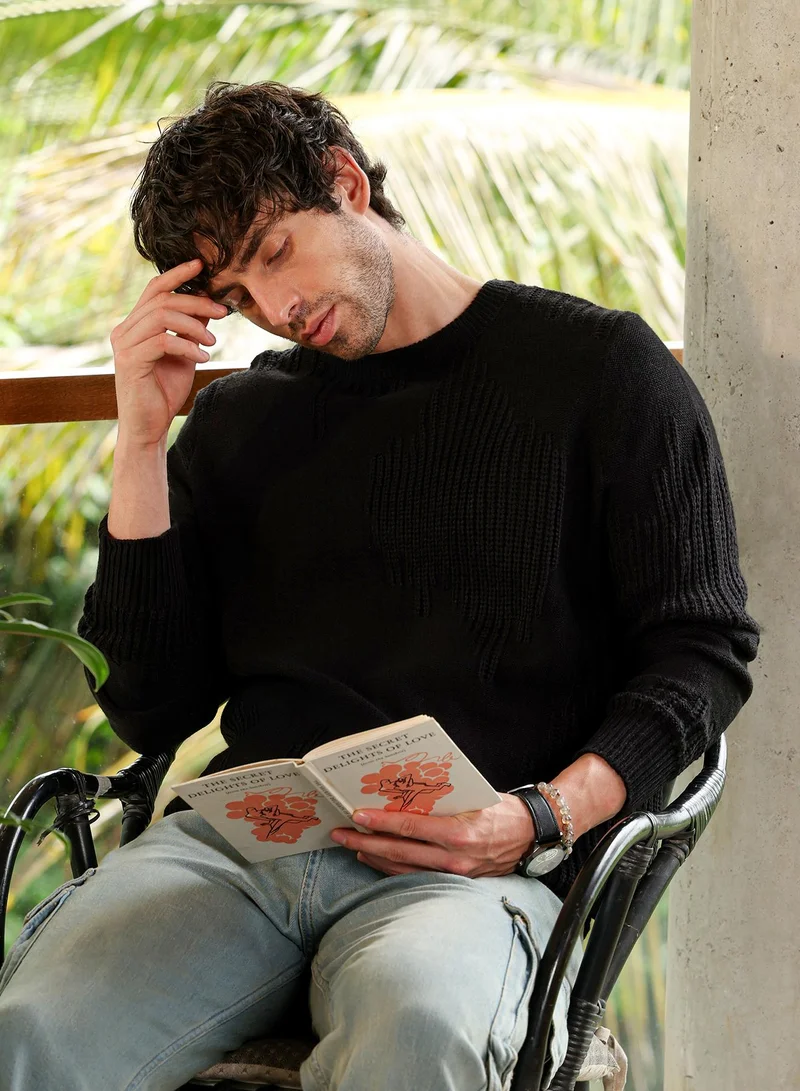 Campus Sutra Men Drip-Jacquard Pullover Sweater | ,   |  ,  Hem |  Jacquard | Knitted Fabric For  Wear | Obsidian Black