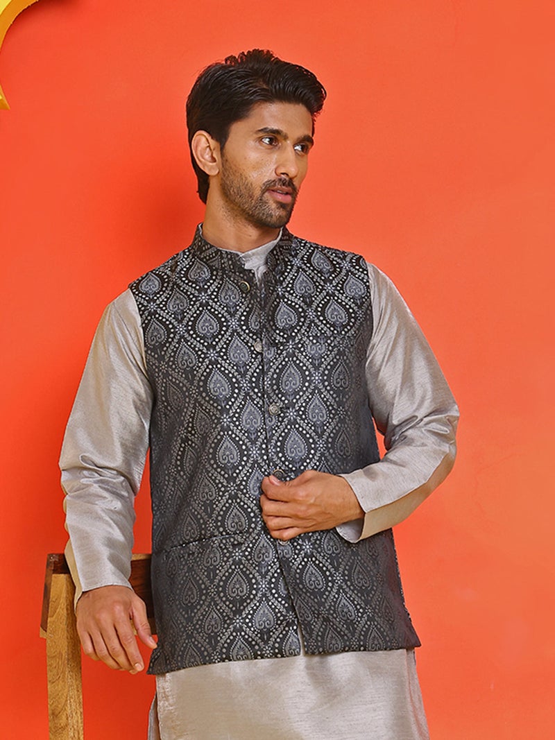 NOZ2TOZ Woven Design Nehru Jacket for Men in Black - Image 4