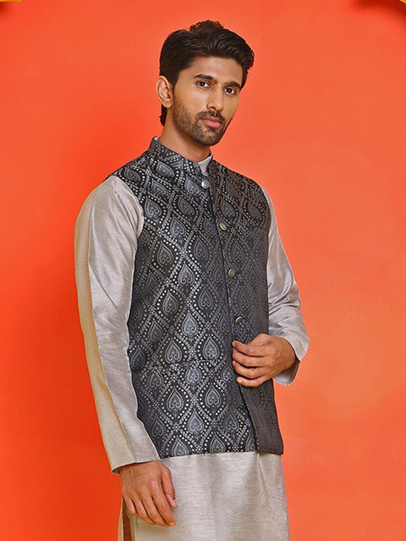 NOZ2TOZ Woven Design Nehru Jacket for Men in Black - Image 2