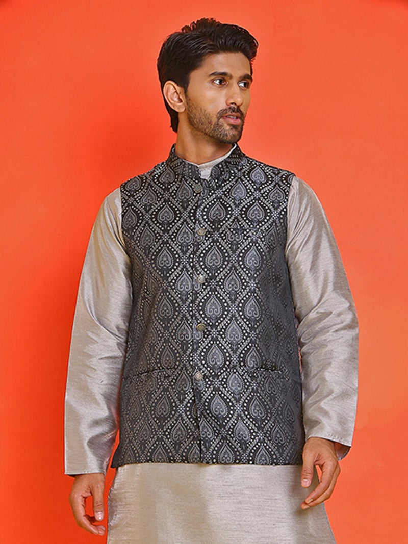 NOZ2TOZ Woven Design Nehru Jacket for Men in Black - Image 5