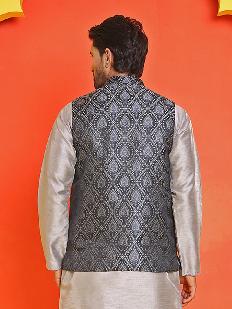 NOZ2TOZ Woven Design Nehru Jacket for Men in Black - Image 3