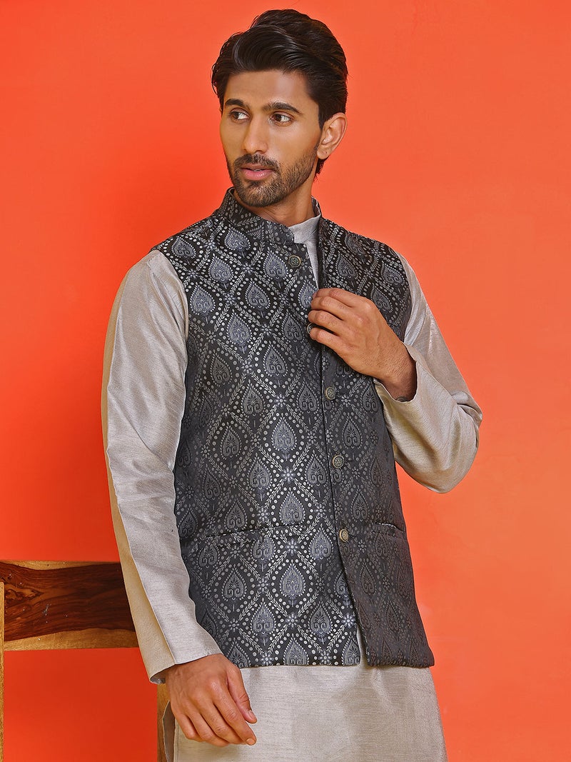 NOZ2TOZ Woven Design Nehru Jacket for Men in Black - Image 1