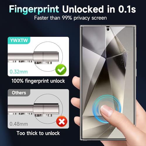 YWXTW EZ Unlock for Samsung Galaxy S24 Ultra Privacy Screen Protector, [0.1S Ultrasonic Fingerprint Support] [Not Glass] 25° Anti Spy Private S24 Ultra Screen Protector Case Friendly, 2 Pack - Image 2