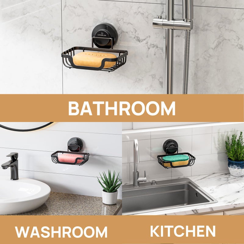 LEVERLOC Soap Dish, Soap Bar Holder for Shower Suction Cup Wall Mounted, Stainless Steel No-Drilling Removable Waterproof Sponge Holder for Bathroom Bathtub Kitchen Sink, Keep Dry, Black - Image 4