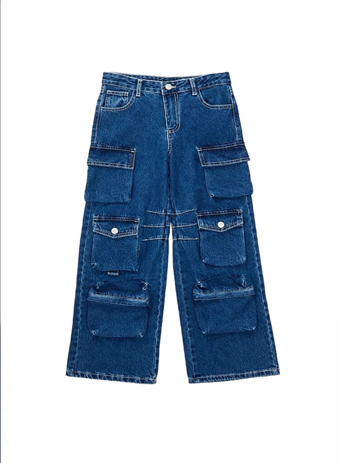 FOREVER 21 Girls Wide-Leg Cargo Jeans (Kids) - Image 1