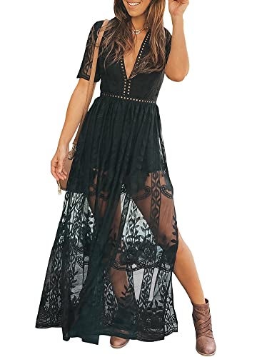Eleter Women's Black Formal Romper Dress Sexy V Neck Lace Wedding Guest Bridesmaids Maxi Dress Long Evening Dress(S,Black) - Image 1