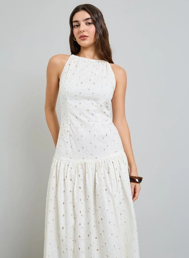 Styli Off White Embroidered A-Line Midi Dress